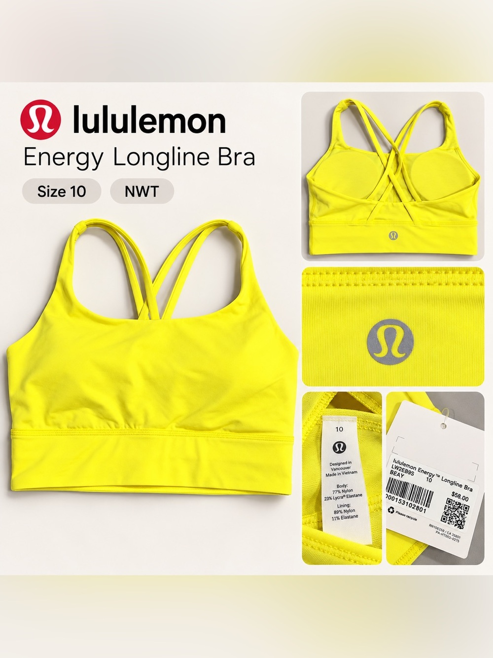 Lululemon Energy Longline Bra Beaming Yellow Size 10 NWT B–D Cups